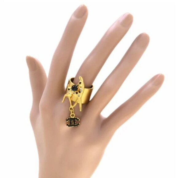 CHANEL CC Logo Black Rhinestone Deer Band Ring size US6.75 Gold Tone 01A Auth - Picture 1 of 15